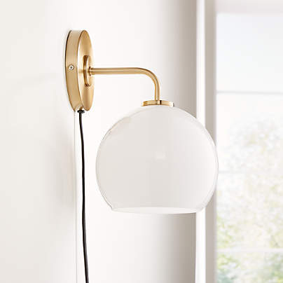 Arren Brass Plug In Wall Sconce Light with Milk Round Shade