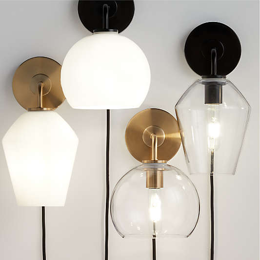 Arren Black Plug In Wall Sconce Light with Milk Angled Shade