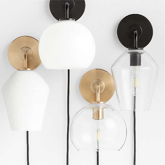 Arren Black Plug In Wall Sconce Light with Milk Round Shade