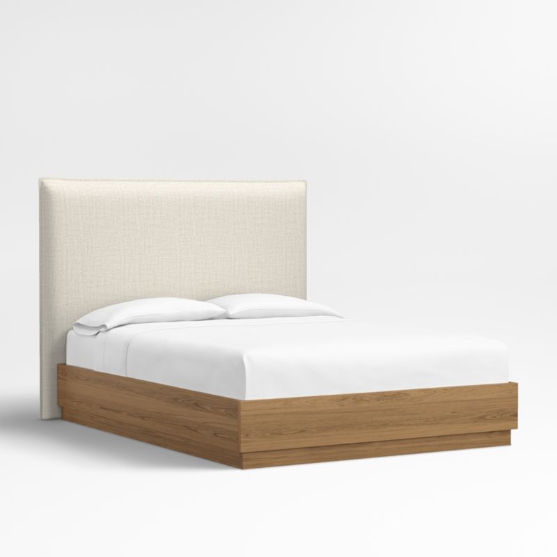 Arvada 54" Natural Beige Upholstered Queen Headboard with Batten Oak Bed Base