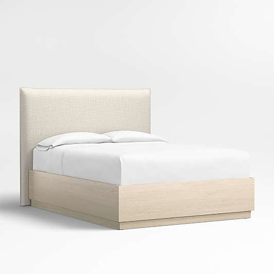 Arvada 54" Natural Beige Upholstered Queen Headboard with Batten White Oak Storage Bed Base