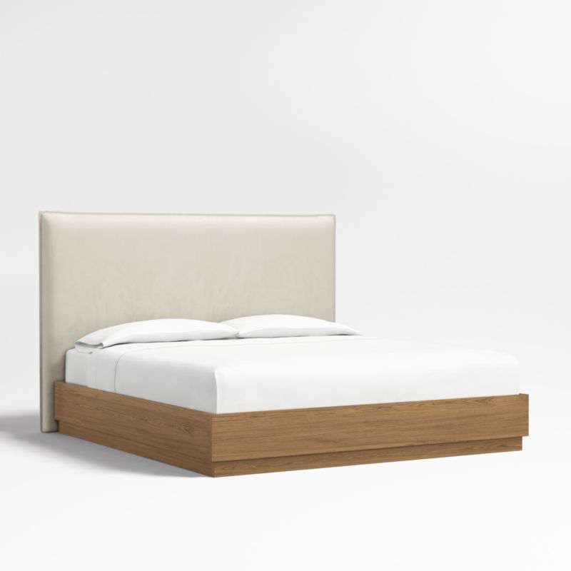 Arvada 54" Beige Upholstered King Headboard with Batten Brown Oak Bed Base - image 0 of 5