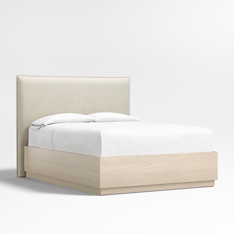 Arvada 54" Beige Upholstered Queen Headboard with Batten White Oak Storage Bed Base - image 0 of 6