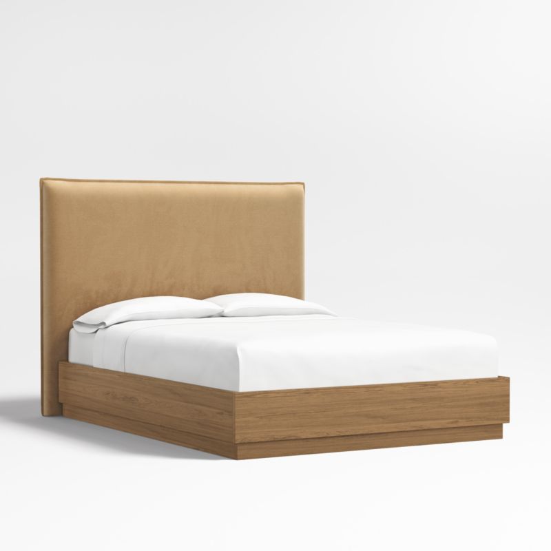 Arvada 54" Camel Brown Upholstered King Headboard with Batten Brown Oak Bed Base - image 2 of 5