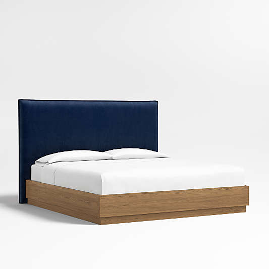 Arvada 54" Navy King Upholstered Headboard with Batten Brown Oak Bed Base