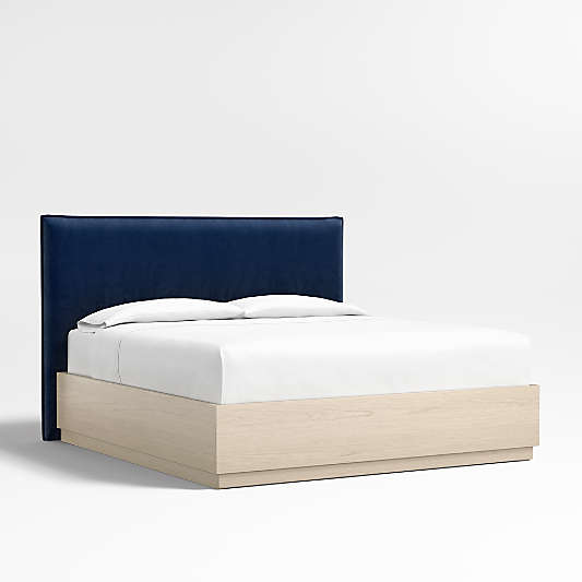 Arvada 54" Navy King Upholstered Headboard with Batten White Oak Storage Bed Base