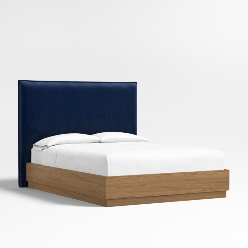 Arvada 54" Navy Queen Upholstered Headboard with Batten Oak Bed Base