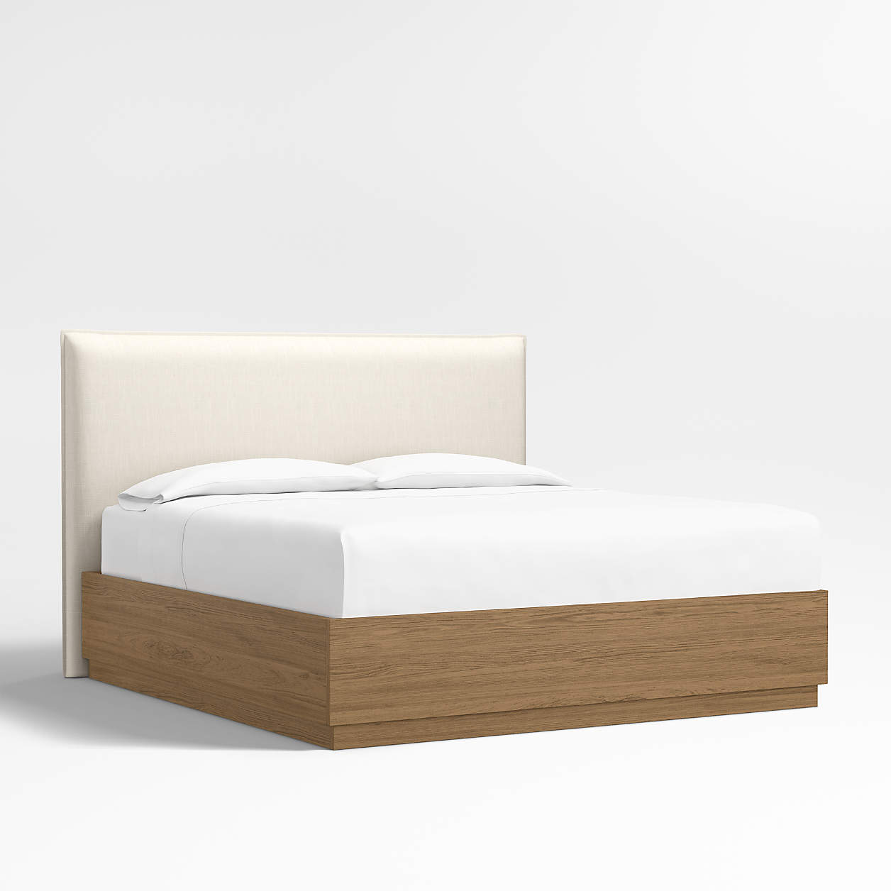 Arvada 54" Linen Ivory Upholstered King Headboard with Batten Brown Oak Storage Bed Base