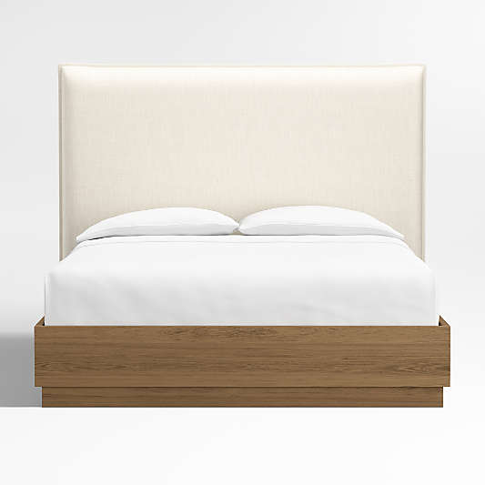 Arvada 54" Ivory Upholstered Queen Headboard with Batten Brown Oak Bed Base