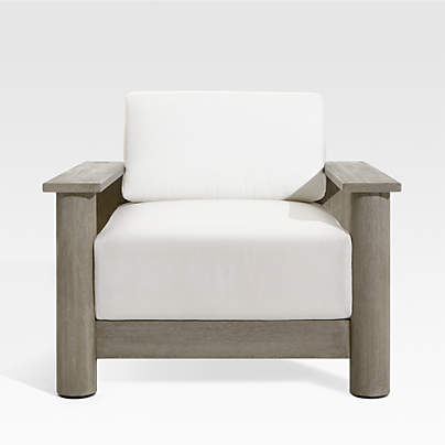 Ashore Grey Solid Mahogany Wood Outdoor Lounge Chair with White Cushions