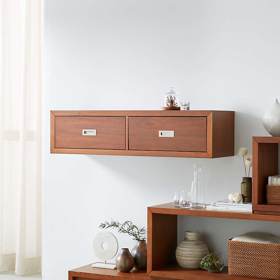 Floating Bathroom Storage Cabinet With Sliding Doors, Solid Walnut 