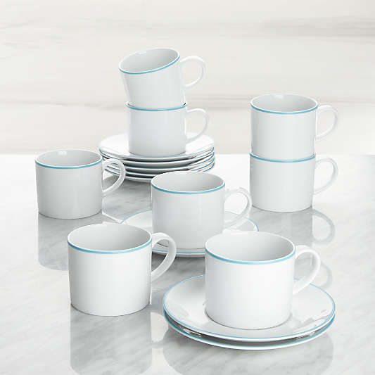 Aspen Aqua Band Cups and Saucers, Set of 8