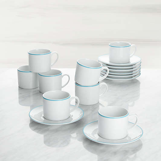 Aspen Aqua Band Espresso Cups and Saucers, Set of 8