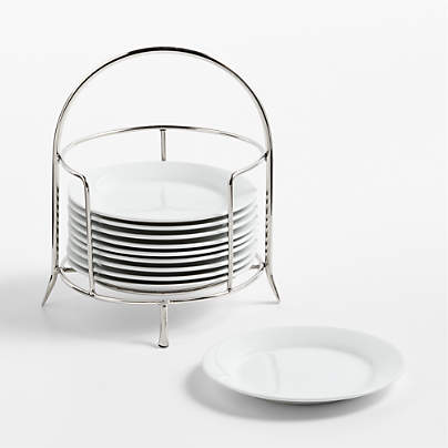 Aspen Rimmed Appetizer Plates with Stainless Steel Stand, Set of 10