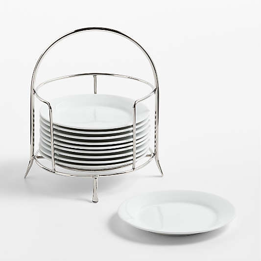 Aspen Rimmed Appetizer Plates with Stainless Steel Stand, Set of 10