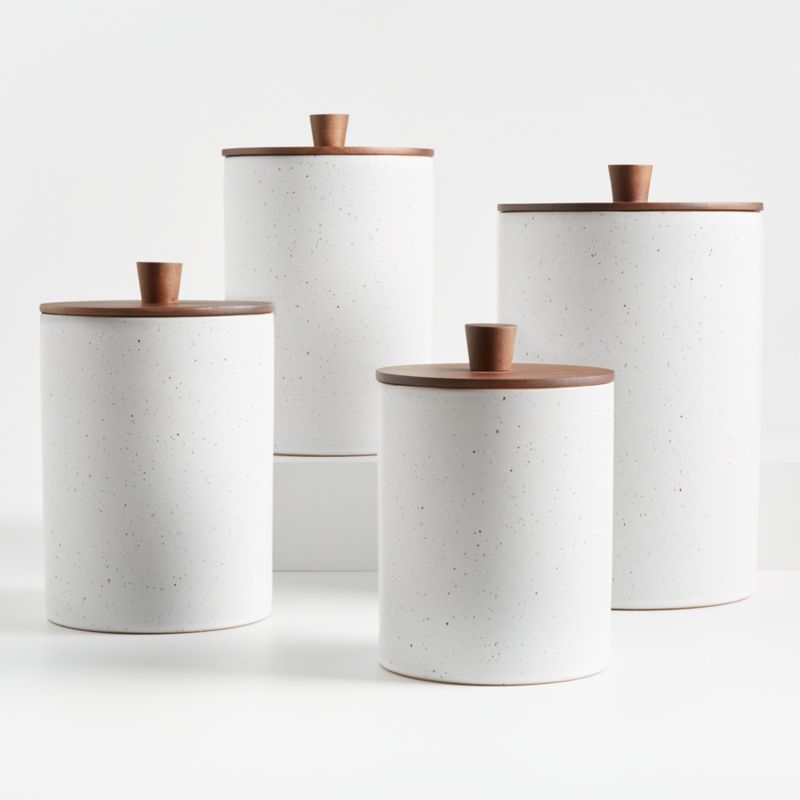 Asta Speckled Ceramic Canisters with Wood Lids | Crate & Barrel