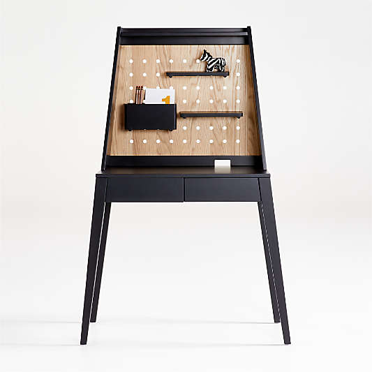 Atticus Small Kids Black Desk with Power & Hutch