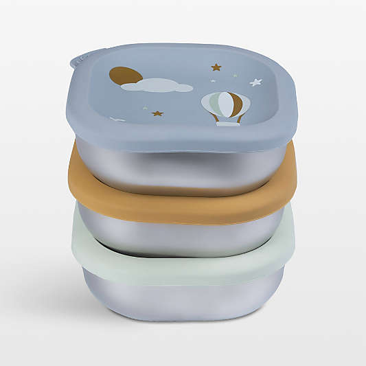 BEABA Blue Mix Microwave-Safe Stainless Steel Baby Bowl Set with Lids