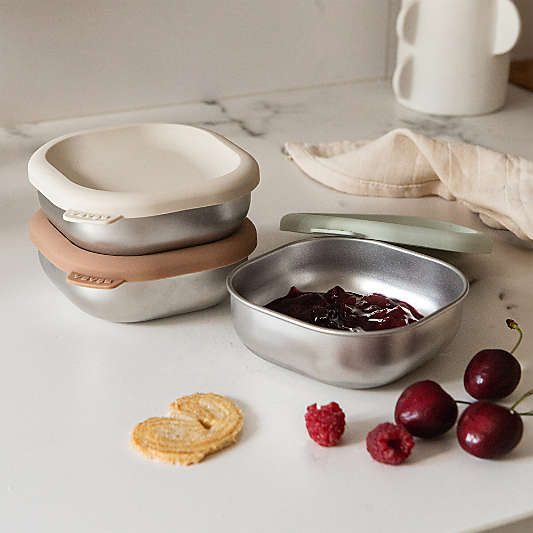 BEABA Neutral Mix Microwave-Safe Stainless Steel Baby Bowl Set with Lids
