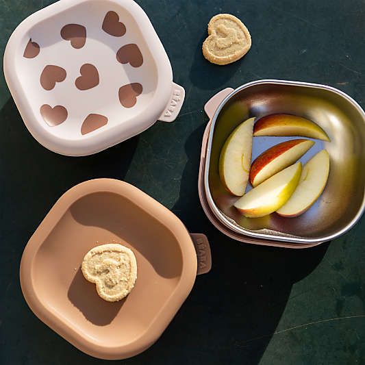 BEABA Neutral Print Microwave-Safe Stainless Steel Baby Bowl Set with Lids