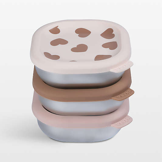 BEABA Neutral Print Microwave-Safe Stainless Steel Baby Bowl Set with Lids
