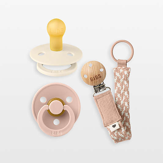 BIBS Ivory/Blush Latex Pacifier and Pacifier Clip Set