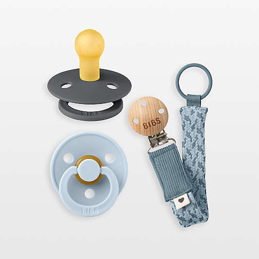 BIBS Iron/Baby Blue Latex Pacifier and Pacifier Clip Set