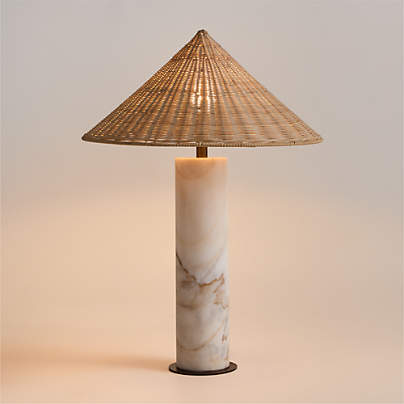 Beachwood Golden Calacatta Marble Table Lamp with Wicker Shade 20.7" by Brigette Romanek
