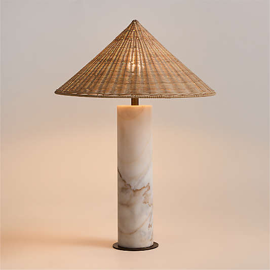 Beachwood Golden Calacatta Marble Table Lamp with Wicker Shade 20.7" by Brigette Romanek