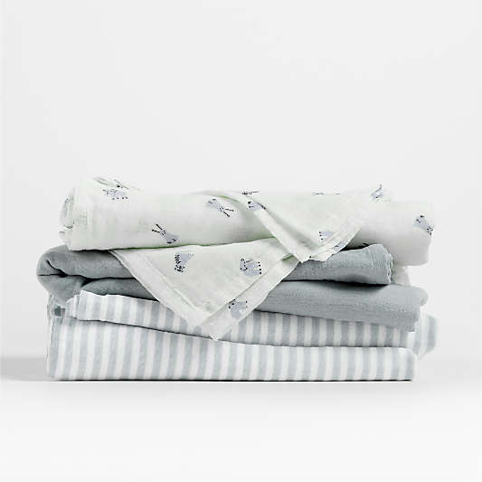 Baby's First Blue Mini Animal Organic Cotton Gauze Baby Swaddle Blankets, Set of 3