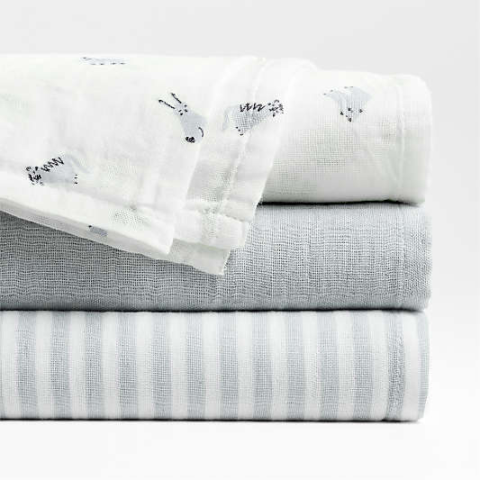 Baby's First Blue Mini Animal Organic Cotton Gauze Baby Swaddle Blankets, Set of 3