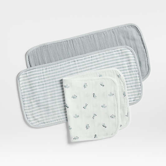 Baby's First Blue Mini Animal Organic Cotton Gauze Baby Burp Cloth, Set of 3