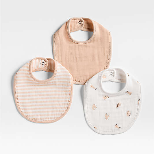 Baby's First Pink Mini Animal Organic Cotton Gauze Baby Bib, Set of 3