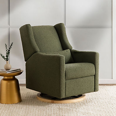 View Babyletto Kiwi Olive Green Boucle Nursery Power Glider Recliner Chair with Light Wood Base details