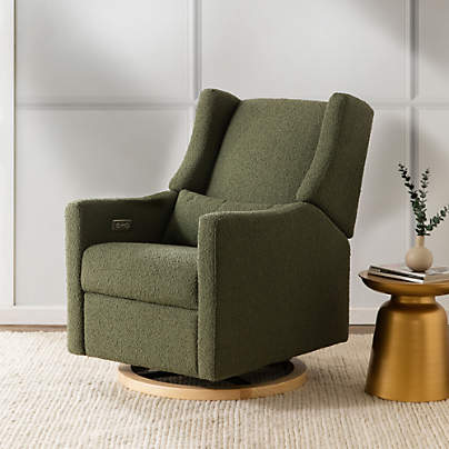 Babyletto Kiwi Olive Green Boucle Nursery Power Glider Recliner Chair with Light Wood Base