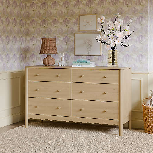 Babyletto Swell Washed Pine Wood Wide 6-Drawer Kids Dresser