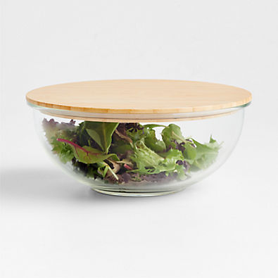 View Crate & Barrel Large Glass Mixing Bowl with Bamboo Lid details