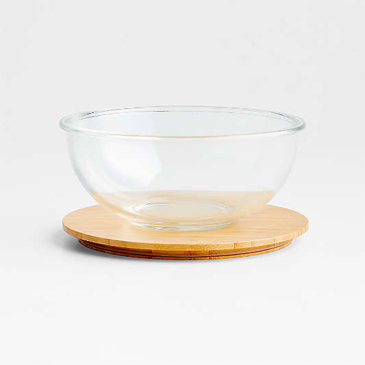 Crate & Barrel Medium Glass Mixing Bowl with Bamboo Lid