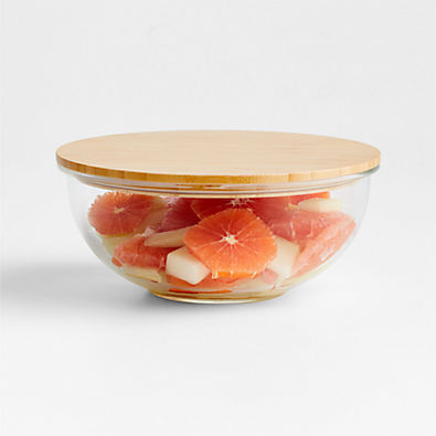 View Crate & Barrel Medium Glass Mixing Bowl with Bamboo Lid details