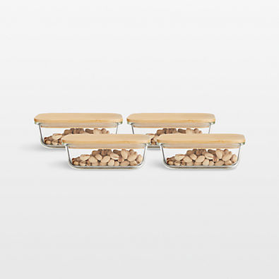 View Crate & Barrel Rectangular Glass Storage Container with Bamboo Lid, 2-cup, Set of 4 details