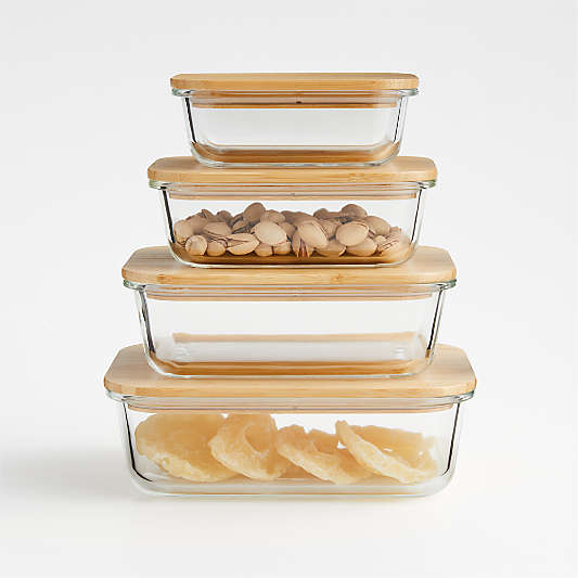 Crate & Barrel Rectangular Glass Storage Container with Bamboo Lid, 2-cup