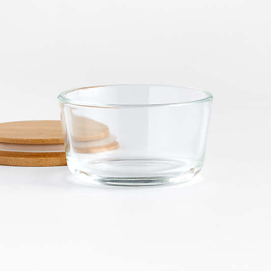 Crate & Barrel Round Glass Storage Container with Bamboo Lid, 1-cup
