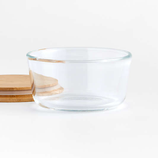 Crate & Barrel Round Glass Storage Container with Bamboo Lid, 2-cup