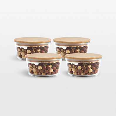 View Crate & Barrel Round Glass Storage Container with Bamboo Lid, 2-cup, Set of 4 details