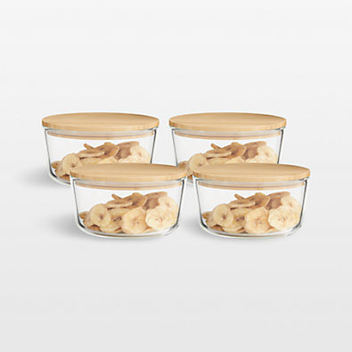 View Crate & Barrel Round Glass Storage Container with Bamboo Lid, 4-cup, Set of 4 details
