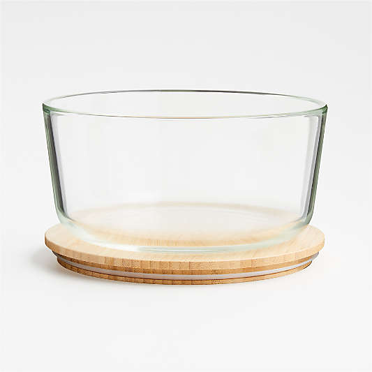 Crate & Barrel Round Glass Storage Container with Bamboo Lid, 7-cup