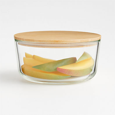 View Crate & Barrel Round Glass Storage Container with Bamboo Lid, 7-cup details