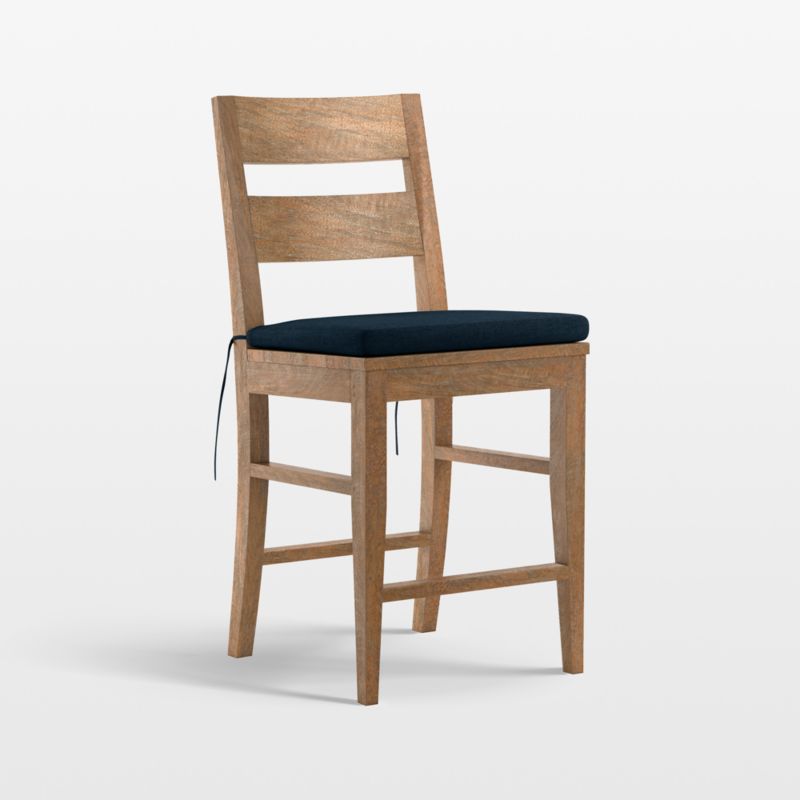 Basque Light Brown Wood Counter Stool with Navy Cushion