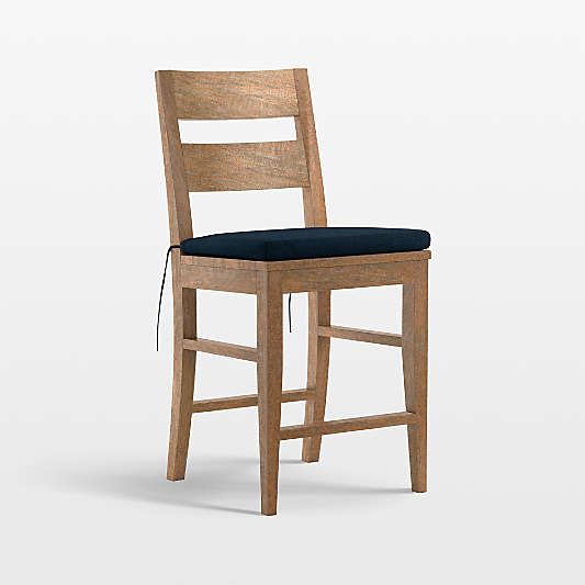 Basque Light Brown Wood Counter Stool with Navy Cushion