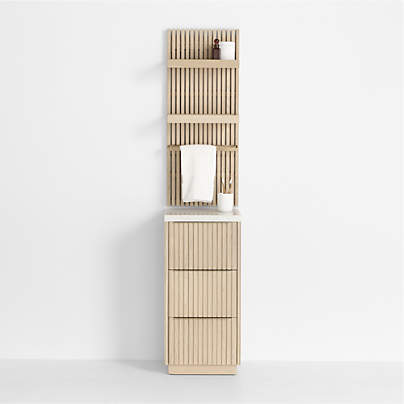 Batten 16" White Oak Wood and Marble Bath Storage Tower and Panel Set with Shelf and Towel Bar
